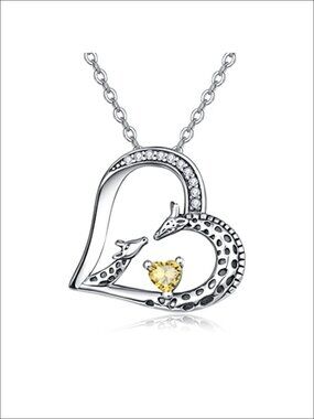 925 Sterling Silver Giraffe Heart Pendant Necklace 18+2" Chain